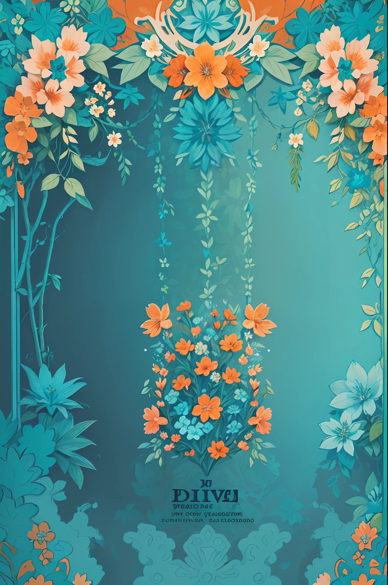 a blue and orange floral pattern with leaves and flowers, floral pattern, forest with flowers blue, indigo blooming flowers garden, floral wallpaper, floral motives, floral explosion, dark flower pattern wallpaper, plants allover, in the jungle. bloom, blueberry and orange and teal, lush garden leaves and flowers, floral environment, ornate floral, floral patterned skin, floral growth