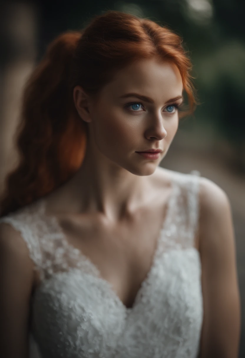 blue eyes, red head, ponytail hair girl, wears white dress,