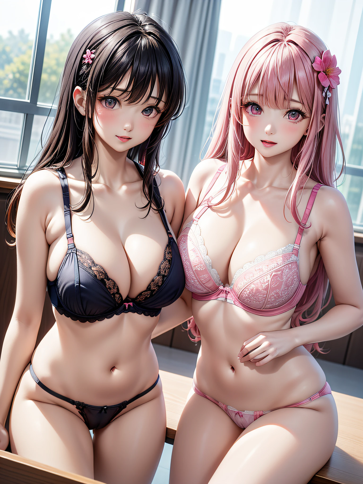 ((2girls)), ((Best Quality)), (Ultra-detailed), (extremely detailed CG unified 8k wallpaper), Highly detailed, High-definition raw color photos, Professional Photography, ((Beautiful big breasts)), ((bare breasts)), (Pink floral hair ornament), Peanut butter brown hair, Amazing face and eyes, Pink eyes, (amazingly beautiful girl), School, classroom, (See-through sheer microbra:1.6), (no panties:1.3), Cameltoe,