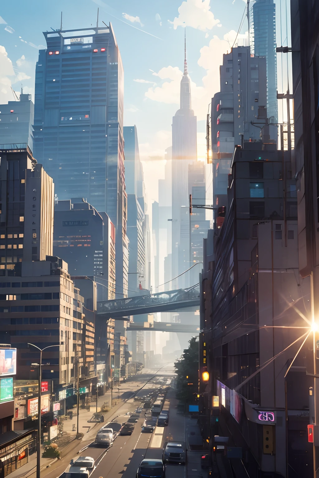 absurderes、ultra res、ultra-detailliert、（bokeh dof:1.8）、More accurate depiction of buildings、Beautiful depiction、（steampunc:1.8）、A megacity where the magical science of steampunk developed、lensflare、Reflectors、Prism Light、Wind-blowing effect、Anime style、。.。.。.3D、Skyscraper、Bustling street、Highway、Stations and trains、Car、a river、Huge construction、Desolation and darkness、Development and decline、miscellaneous、the chaos、steam、brass、gear、Watches、Overhead view、