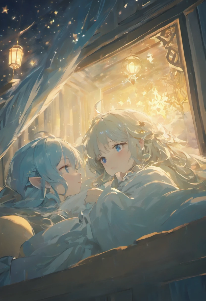 (best quality,4k,8k,highres,masterpiece:1.2),ultra-detailed,anime,night,sleep dress,bedrooms,nightlight,glowing eyes,closeup,midjourney portrait,long white hair,blue eyes,from below,soft focus,dreamlike scenery,dark atmosphere,warm colors,vintage aesthetic,mystical elements,subtle shadows,ethereal beauty,peaceful slumber,serene expression,moonlit background,whispering breeze,silent tranquility,gentle glow,stars twinkling,subconscious journey,surreal ambiance,undulating sheets,calming serenade,magical dreamscape,luminous radiance,tranquil sleep,dream-filled night,relaxing ambiance,ethereal light