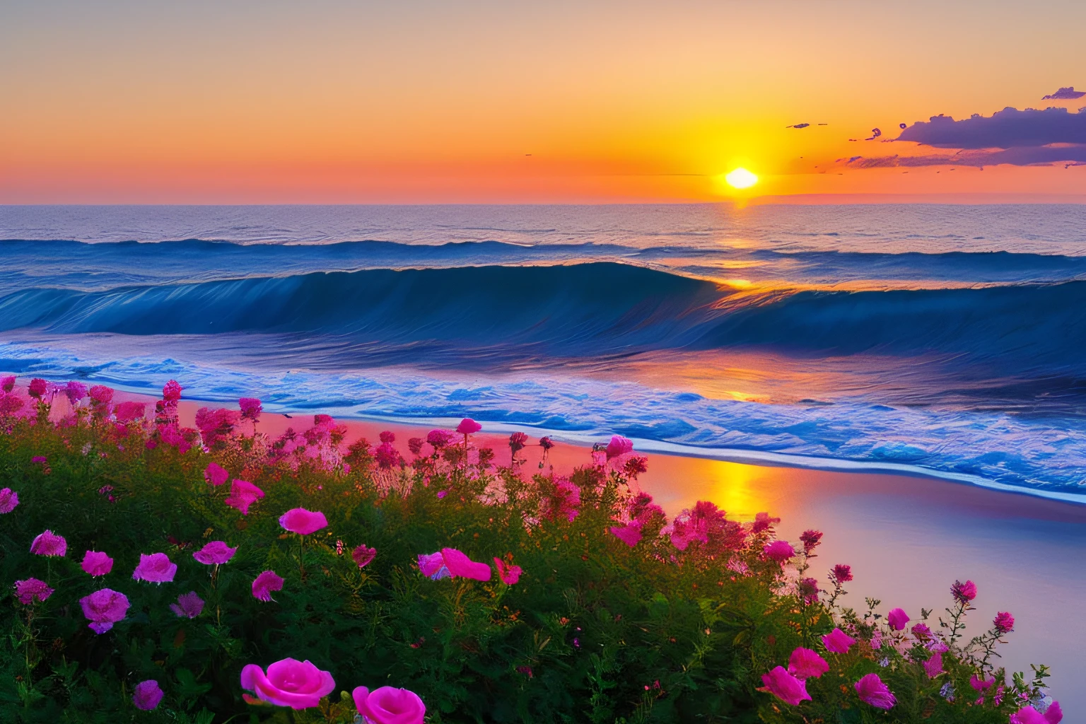 Ocean waves, coucher du soleil, buisson, ciel rose, fleurs,