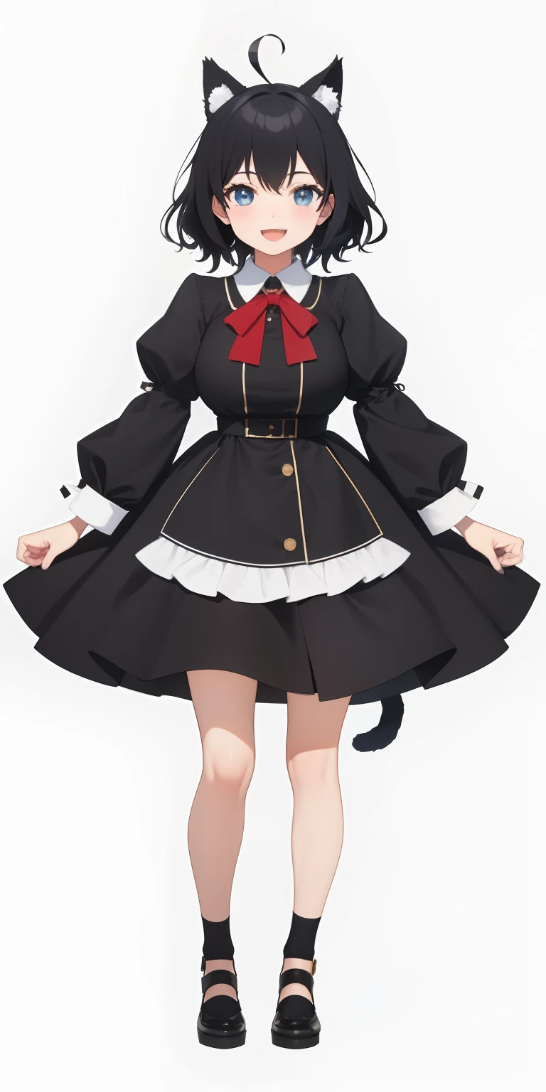 Full body,((Upright)), ((Arms at sides)), Looking at Viewer, Simple background, 1girl in, Open mouth, Smile, Virtual Youtuber、girl with、、((Best Quality, high_resolution, Distinct_image)),(Black hair), (Black cat ears), (Ahoge), (absurdly short hair), (Wavy Hair), (Blue eyes),、A smile、Very big breasts,(wearing shoes on feet)、concept-art、View Viewer。