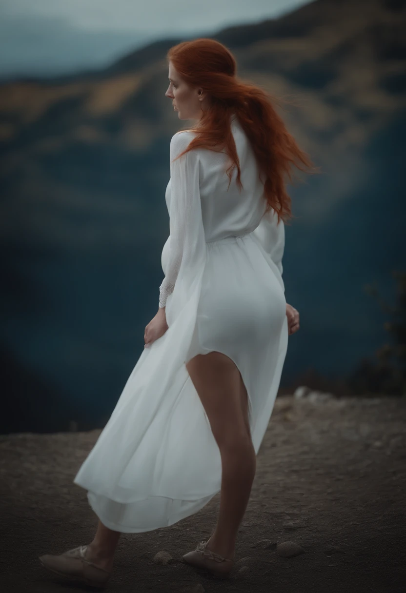 blue eyes, red head, ponytail hair girl, wears white dress, full length