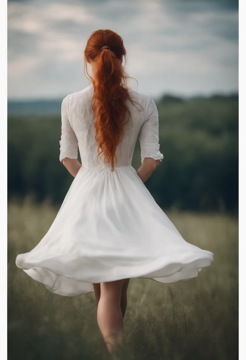 blue eyes, red head, ponytail hair girl, wears white dress, full length