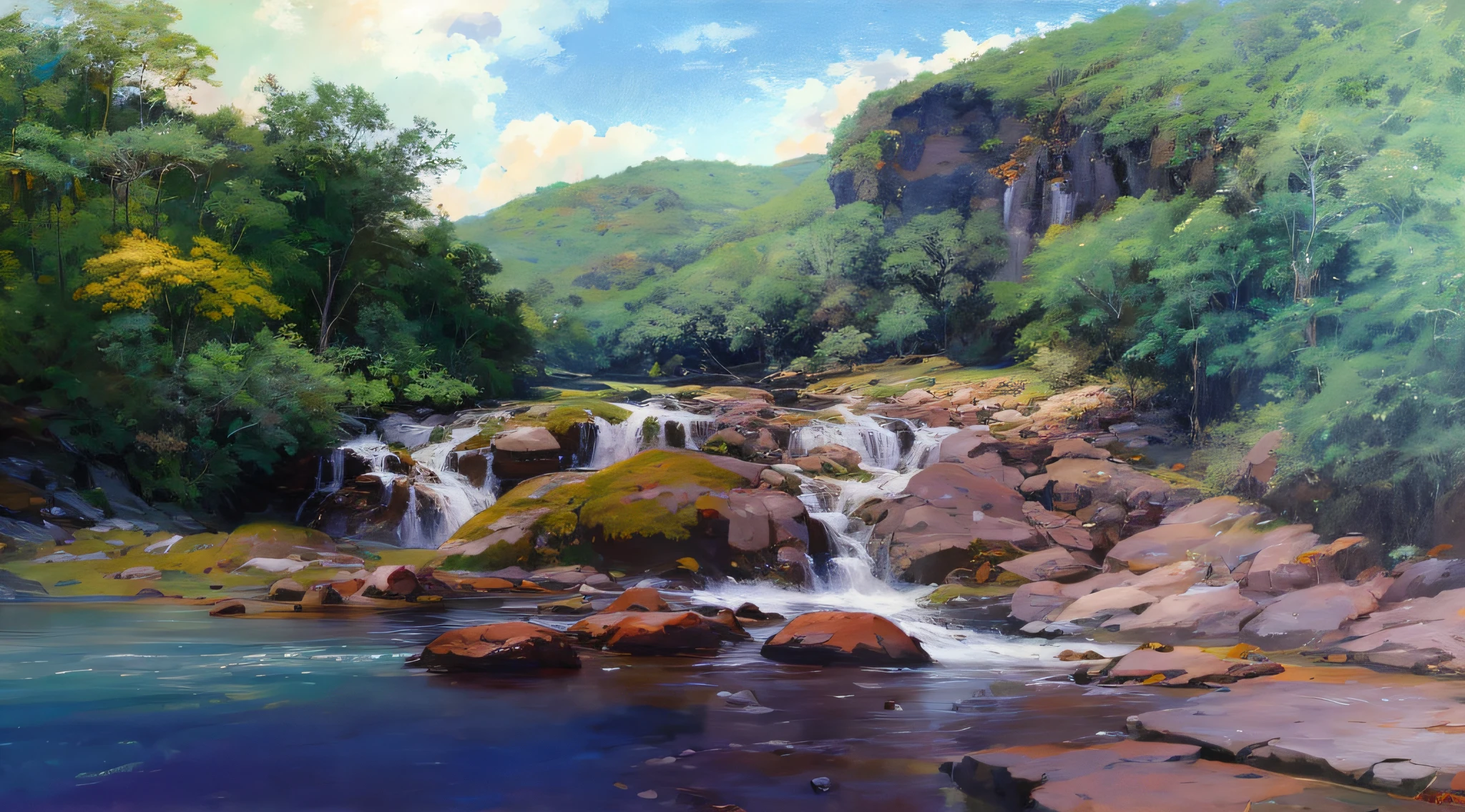 painting of a waterfall in a wooded area with stones and trees, waterfall, (waterfall), Cachoeira pequena, pequenas cachoeiras, oil digital painting, pintura pastel, digital oil painting, in the style of an oilpainting, digital art oil painting, Rainbow River Waterfall, com cachoeiras e rio, em pintura digital impressionante, digital oil on canvas, waterfalls, water painting