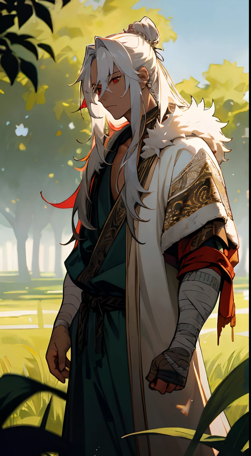 masterpiece, solo, best quality, 1 male, young, handsome, finely detailed eyes, intricate details, casual clothes, oversized fur hood, pants, messy white hair, long length hair, man bun, complex pattern, best light and shadow, background is in a field, dappled sunlight, day, depth of field, plants, summer, colorful, artistic, depth of field, somber expression, red eyes, tan, anime, bandages wrapped around arms and hands, scars