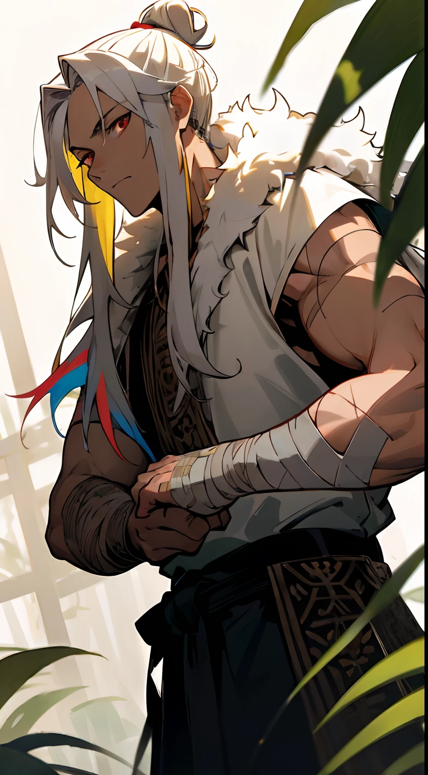 masterpiece, solo, best quality, 1 male, young, handsome, finely detailed eyes, intricate details, casual clothes, oversized fur hood, pants, messy white hair, long length hair, man bun, complex pattern, best light and shadow, background is in a field, dappled sunlight, day, depth of field, plants, summer, colorful, artistic, depth of field, somber expression, red eyes, tan, anime, bandages wrapped around arms and hands, scars