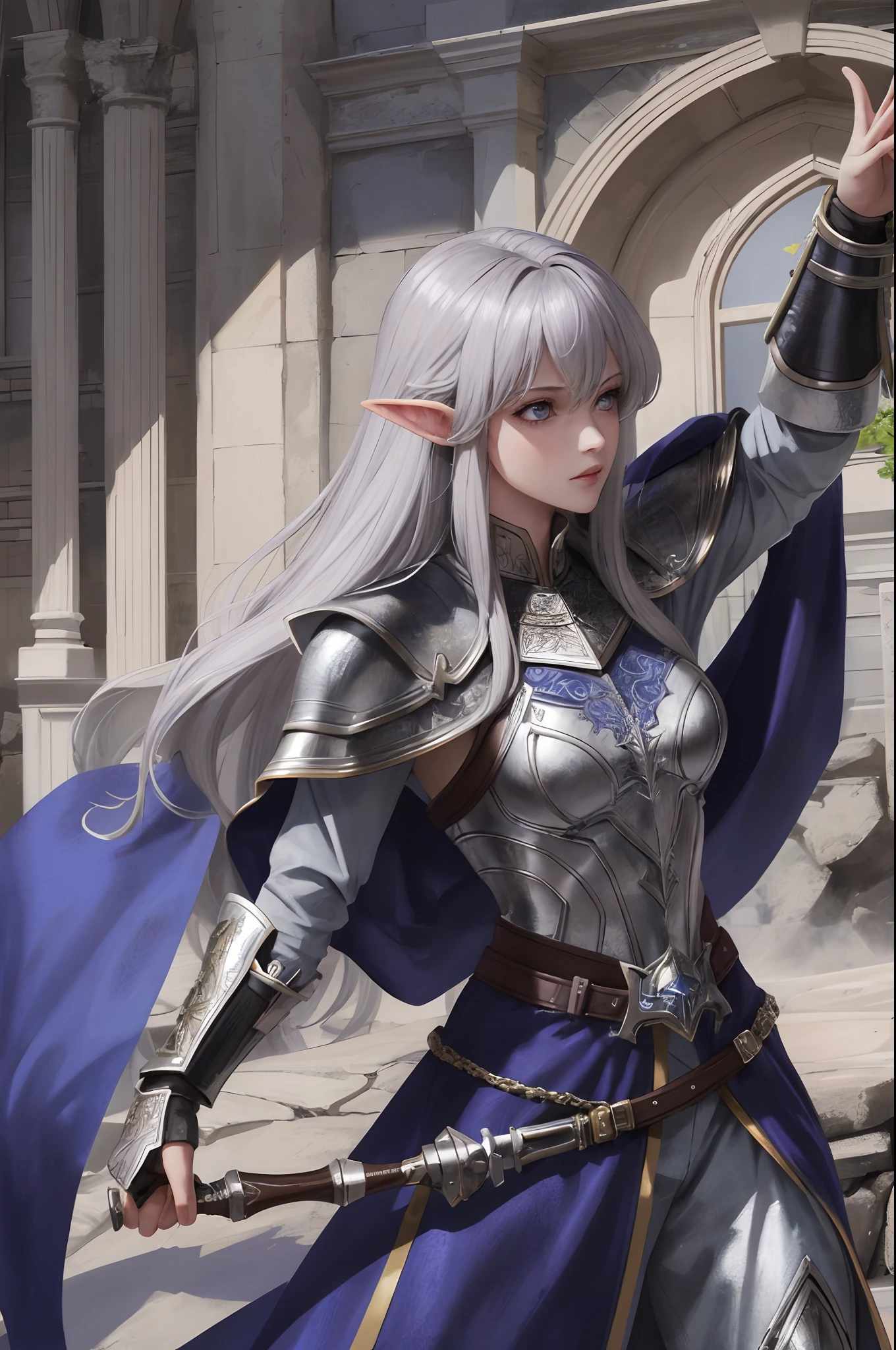 1girl with、Young adult women、Dark Elves、Brown-skinned、silber hair、blue eyes、Cloth clothing、Leather armor、No horn、Holding a wizard's wand、Uninhabited ruins、