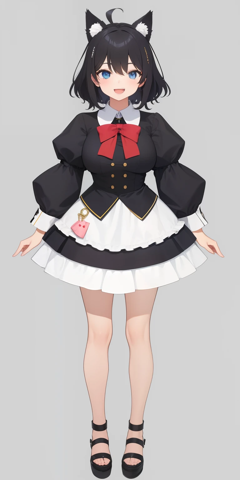 Full body,((Upright)), ((Arms at sides)), Looking at Viewer, Simple background, 1girl in, Open mouth, Smile, Virtual Youtuber、girl with、、((Best Quality, high_resolution, Distinct_image)),(Black hair), (Black cat ears), (Ahoge), (absurdly short hair), (Wavy Hair), (Blue eyes),、A smile、Very big breasts,(wearing shoes on feet)、concept-art、View Viewer。