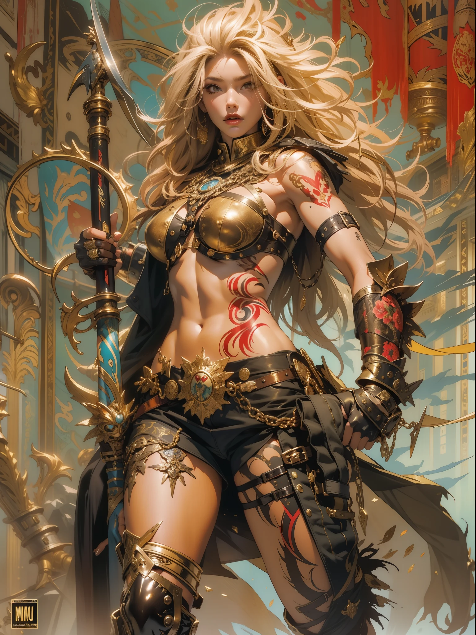 Warrior standing confidently before a great throne in an expansive temple. The warrior's resplendent red and gold armor resonates with the vibrant tones of the temple. Her long golden hair captures the ethereal light flowing into the temple, accentuating her aura of confidence and authority. The artwork highlights the perfection of his body with intricate details. --v 5 --style 1000, Anime style.