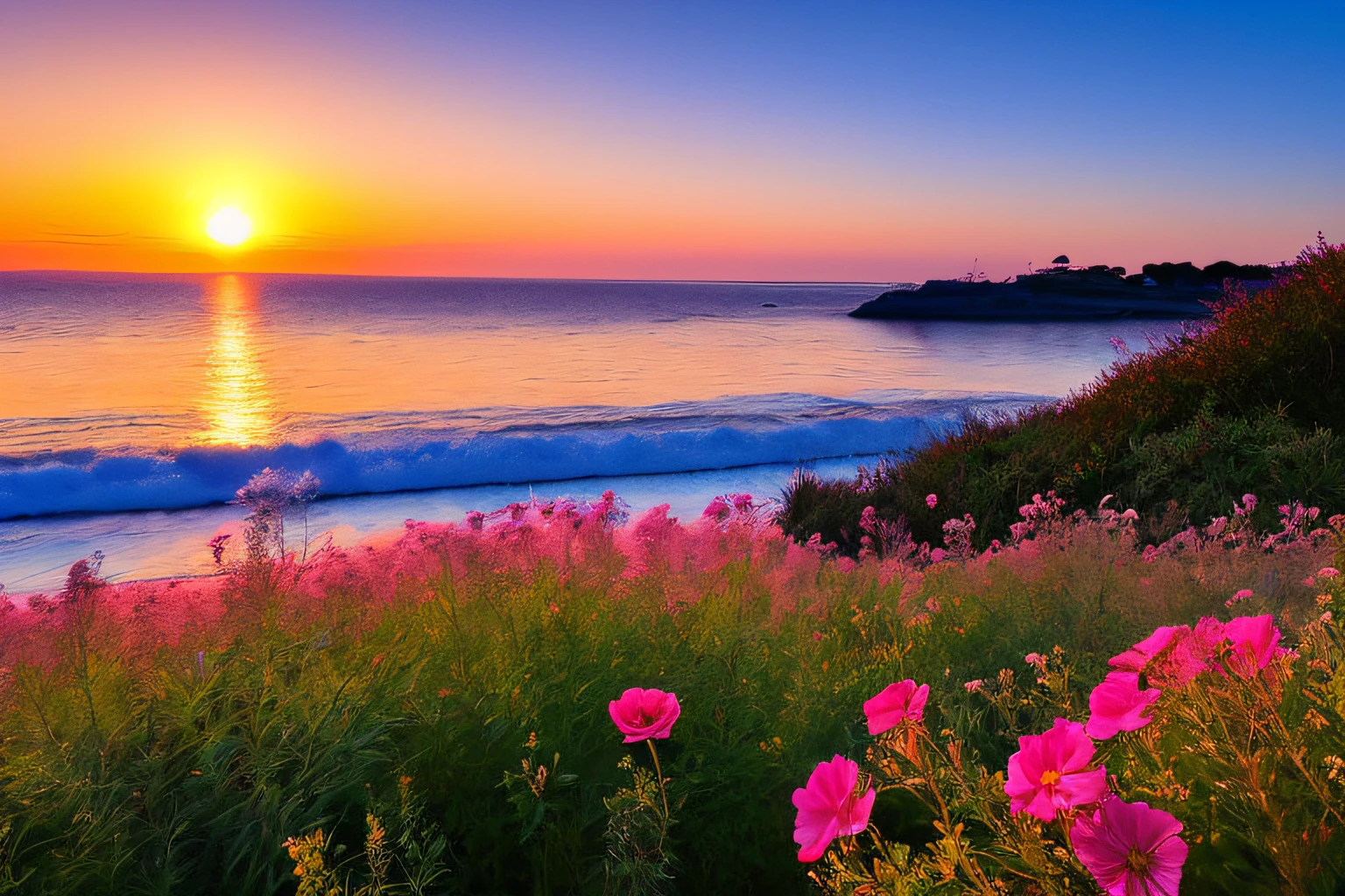 Ocean waves, coucher du soleil, buisson, ciel rose, fleurs,rocher