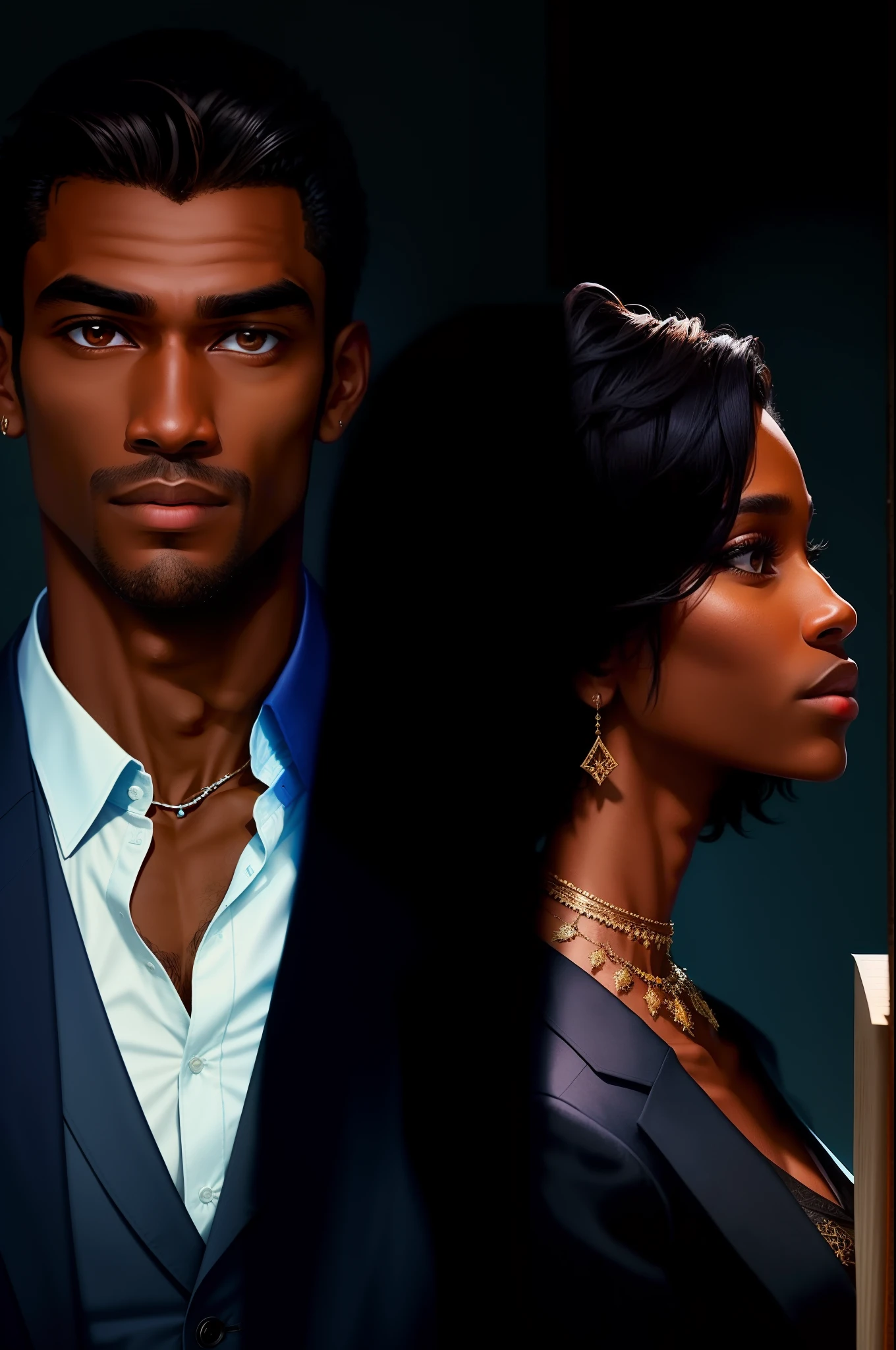 I could make a book cover where the protagonist has short hair, dark skin and the man has dark skin, the boy has a white teacher's coat couple one woman one man casal lindo