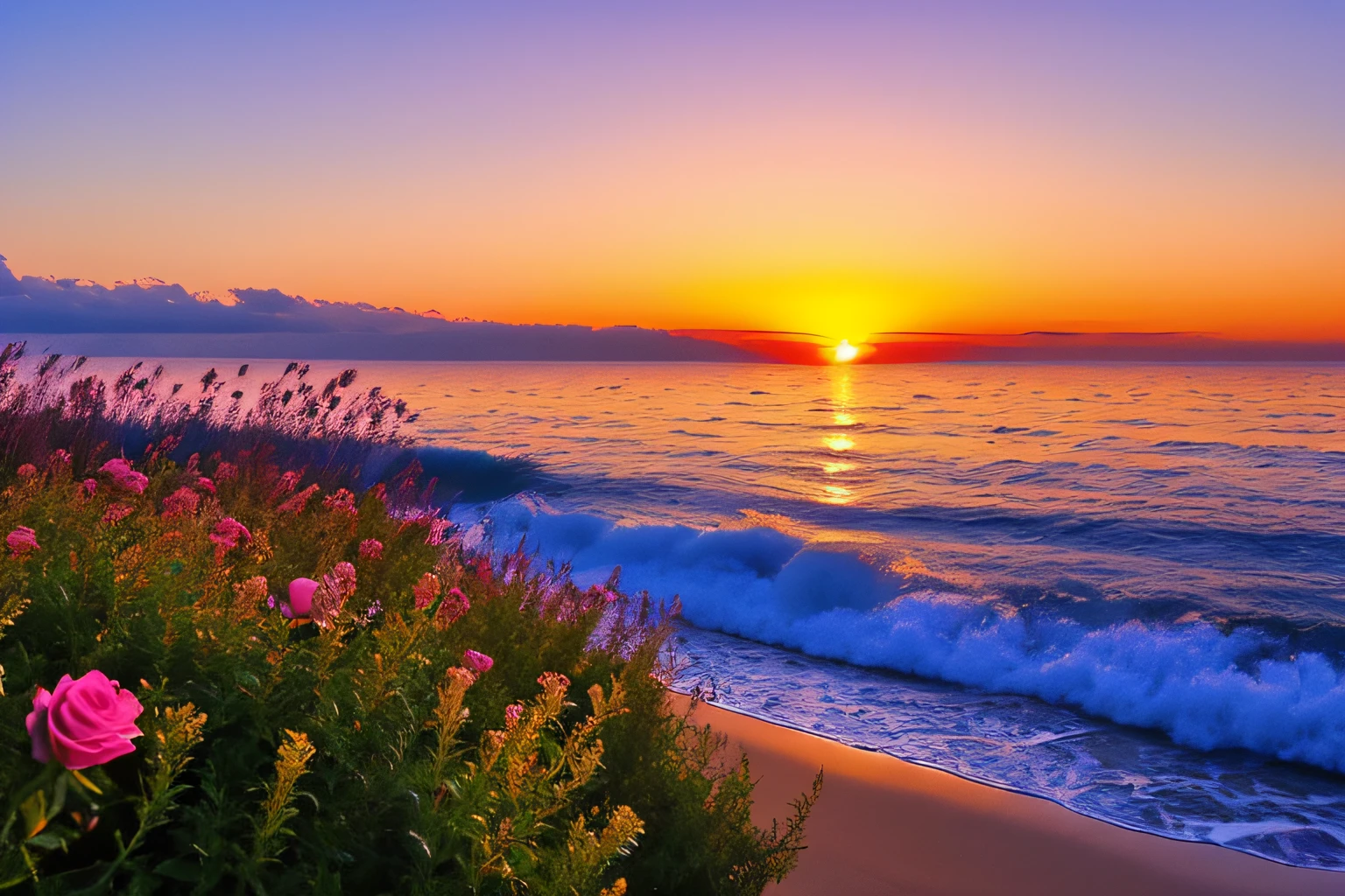 Ocean waves, coucher du soleil, buisson, ciel rose, fleurs,rocher
