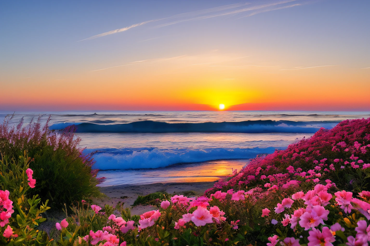 Ocean waves, coucher du soleil, buisson, ciel rose, fleurs,rocher