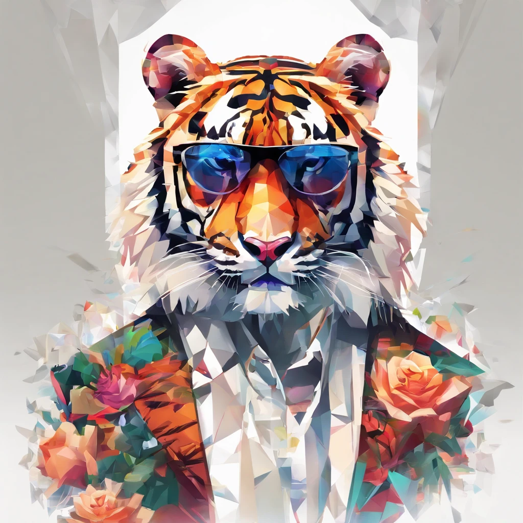 Perfect alignment, Cute little tiger wearing a jacket,crystal vases,Rose flower, Wearing sunglasses, cheerfulness, Standing position, Abstract beauty, Centered, Looking at the camera, Facing the camera, nearing perfection, Dynamic, Highly detailed, smooth, Sharp focus, 8K, high definition resolution, illustration, Art by Carne Griffiths and Wadim Kashin, White background