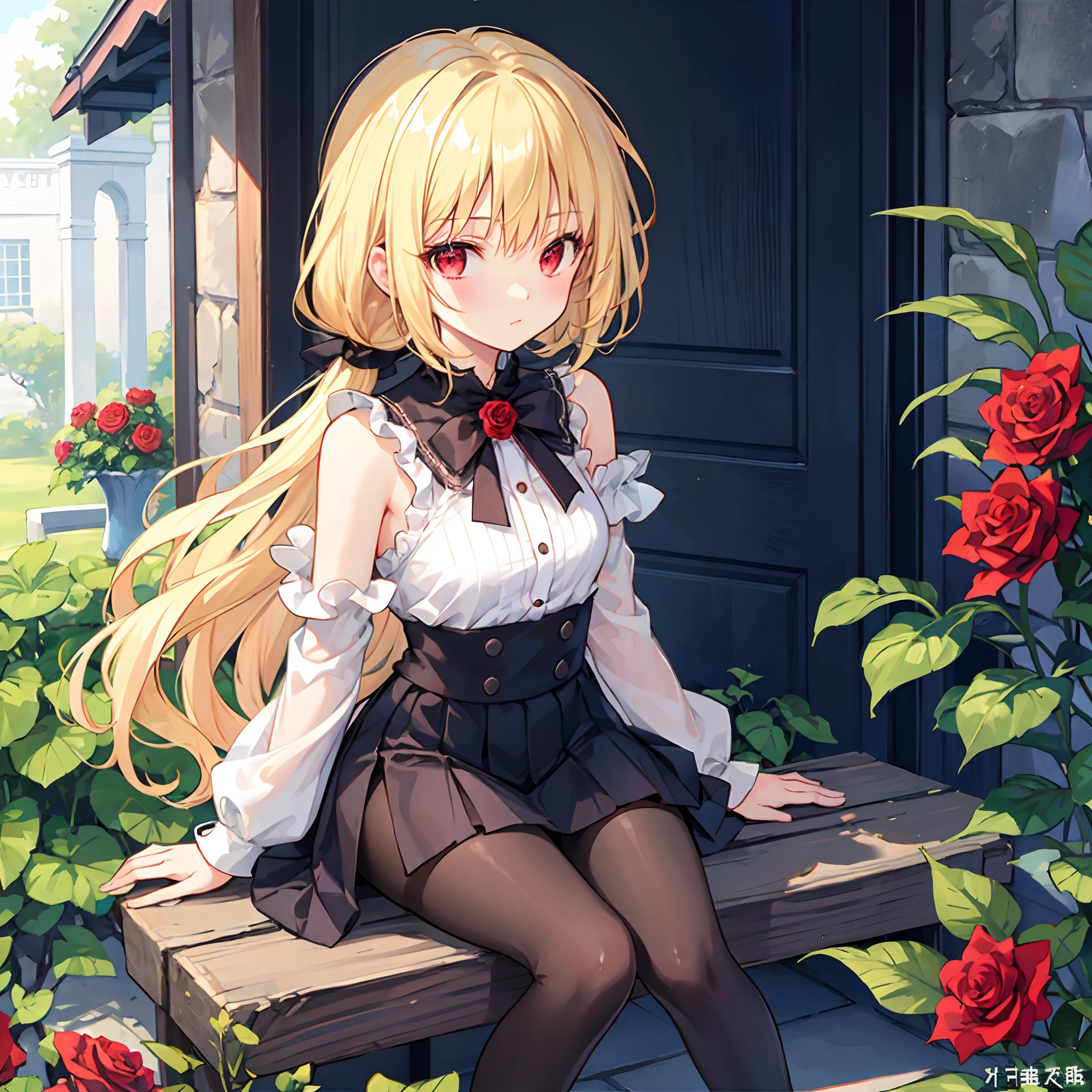 Wavy blonde、poneyTail、red eyes、Beautiful girl alone、off shoulders、a miniskirt、sitting on、rose garden、Black tights、