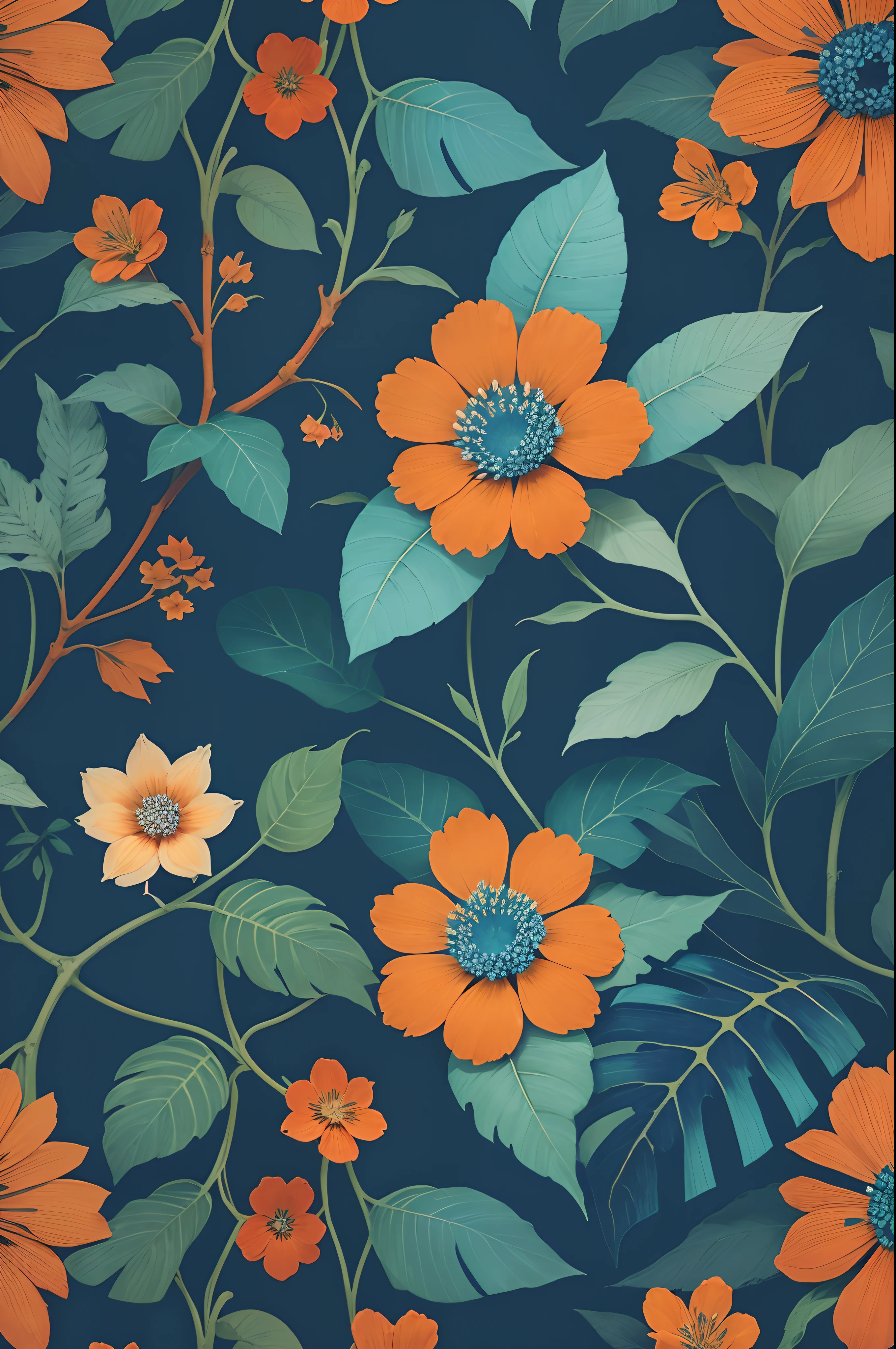 a blue and orange floral pattern with leaves and flowers, floral pattern, forest with flowers blue, indigo blooming flowers garden, floral wallpaper, floral motives, floral explosion, dark flower pattern wallpaper, plants allover, in the jungle. bloom, blueberry and orange and teal, lush garden leaves and flowers, floral environment, ornate floral, floral patterned skin, floral growth