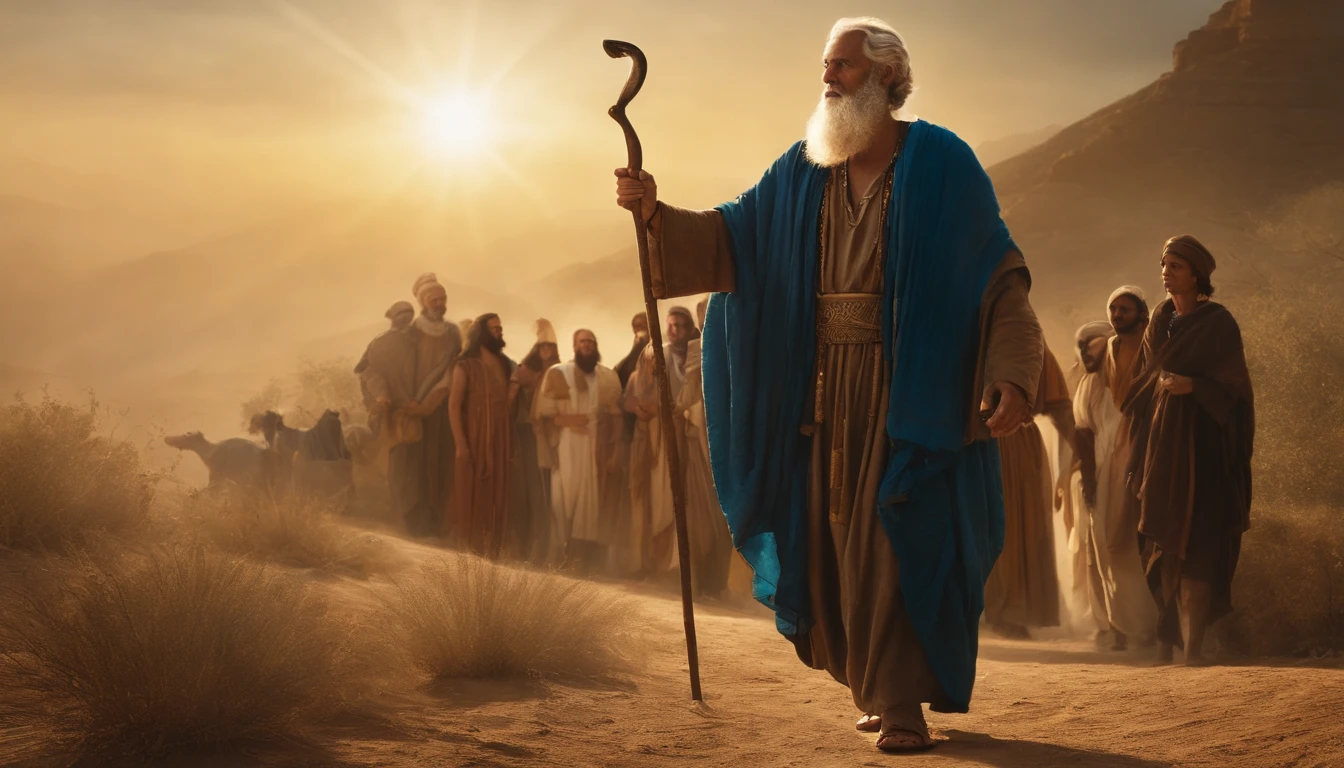 Draw an illustrative image of Moses as a figure of inspiration. The scenery is majestic and uplifting, with the sun shining in the blue sky and soft clouds in the background. Moses is pictured standing, Walking Ahead of the Hebrew People, com um olhar sereno e determinado em seu rosto. He is dressed in his traditional clothes, holding the staff firmly in one hand and the other extended to the sky, as if he were leading his people through the divine voice. The Hebrew people are gathered around him, homens, Women and children, all looking at Moses with wonder and gratitude. Some people may be touching your robes or holding your hands as a sign of respect. No fundo, a Terra Prometida pode ser vista em toda a sua beleza, com colinas, Fertile rivers and fields, symbolizing the realization of the journey led by Moses. The scene conveys the idea of charismatic and inspiring leadership, singling out Moses as a spiritual guide and a reference figure for his people