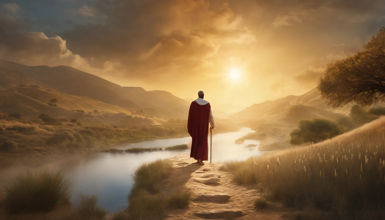 Draw an illustrative image of Moses as a figure of inspiration. The scenery is majestic and uplifting, with the sun shining in the blue sky and soft clouds in the background. Moses is pictured standing, Walking Ahead of the Hebrew People, com um olhar sereno e determinado em seu rosto. He is dressed in his traditional clothes, holding the staff firmly in one hand and the other extended to the sky, as if he were leading his people through the divine voice. The Hebrew people are gathered around him, homens, Women and children, all looking at Moses with wonder and gratitude. Some people may be touching your robes or holding your hands as a sign of respect. No fundo, a Terra Prometida pode ser vista em toda a sua beleza, com colinas, Fertile rivers and fields, symbolizing the realization of the journey led by Moses. The scene conveys the idea of charismatic and inspiring leadership, singling out Moses as a spiritual guide and a reference figure for his people
