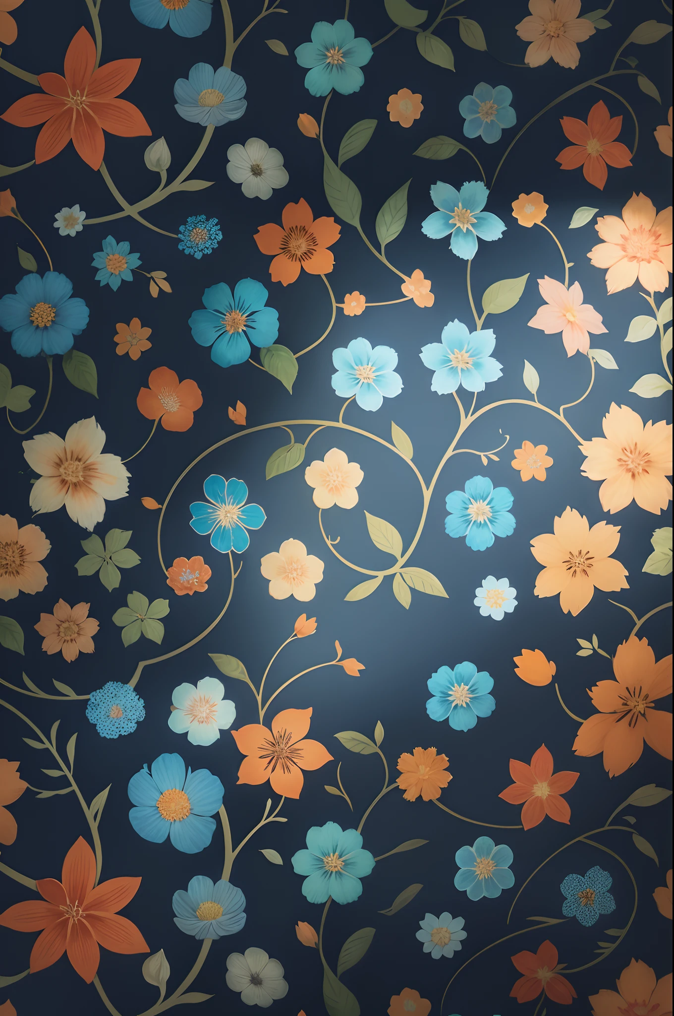 a blue and orange floral pattern with leaves and flowers, floral pattern, forest with flowers blue, indigo blooming flowers garden, floral wallpaper, floral motives, floral explosion, dark flower pattern wallpaper, plants allover, in the jungle. bloom, blueberry and orange and teal, lush garden leaves and flowers, floral environment, ornate floral, floral patterned skin, floral growth, wallpaper 4K