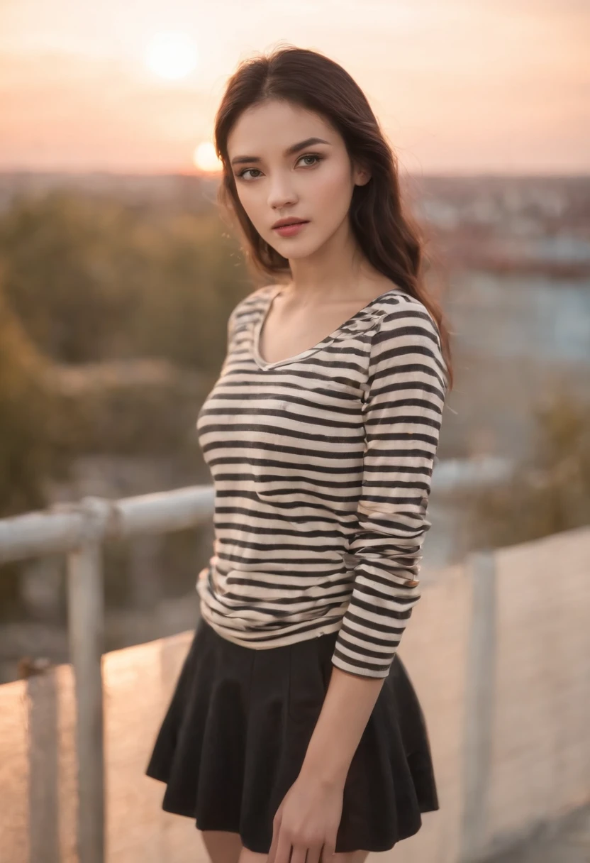 light skinned, Women around 19 years old, Natural black hair, 　characteristic dark brown eyes,, Wearing a striped jersey, slender and graceful,,, Beautiful, Sunset sky, Ultra Sharp Focus, realistic shot, Stripe Jersey、a black skirt、Tetradic color、
On the rooftop,plein air,Concrete floors,
dusty,dirty,Messy,Unclean,(fall),Broken,(Mesh Fence:1.2),cloudy,skyporn,cloud,evening,Twilight,Dusk,