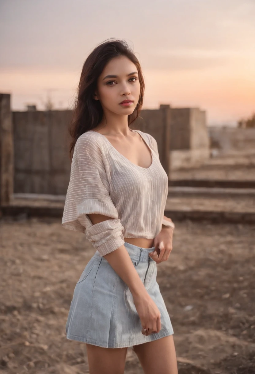 light skinned, Women around 19 years old, Natural black hair, 　characteristic dark brown eyes,, Wearing a striped jersey, slender and graceful,,, Beautiful, Sunset sky, Ultra Sharp Focus, realistic shot, Stripe Jersey、a black skirt、Tetradic color、
On the rooftop,plein air,Concrete floors,
dusty,dirty,Messy,Unclean,(fall),Broken,(Mesh Fence:1.2),cloudy,skyporn,cloud,evening,Twilight,Dusk,