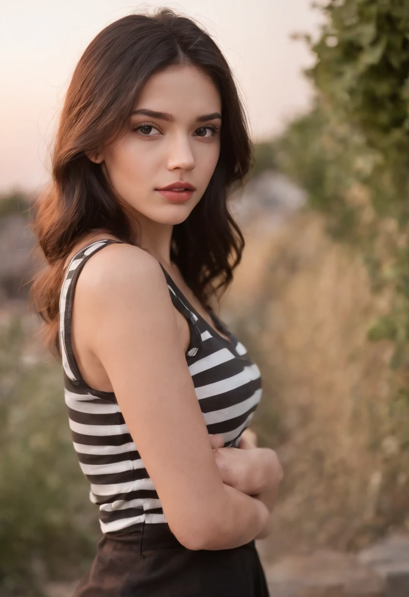 light skinned, Women around 19 years old, Natural black hair, characteristic dark brown eyes,, Wearing a striped jersey, slender and graceful,,, Beautiful, Sunset sky, Ultra Sharp Focus, realistic shot, Stripe Jersey、a black skirt、Tetradic color、
On the rooftop,plein air,Concrete floors,
dusty,dirty,Messy,Unclean,(fall),Broken,(Mesh Fence:1.2),cloudy,skyporn,cloud,evening,Twilight,Dusk,