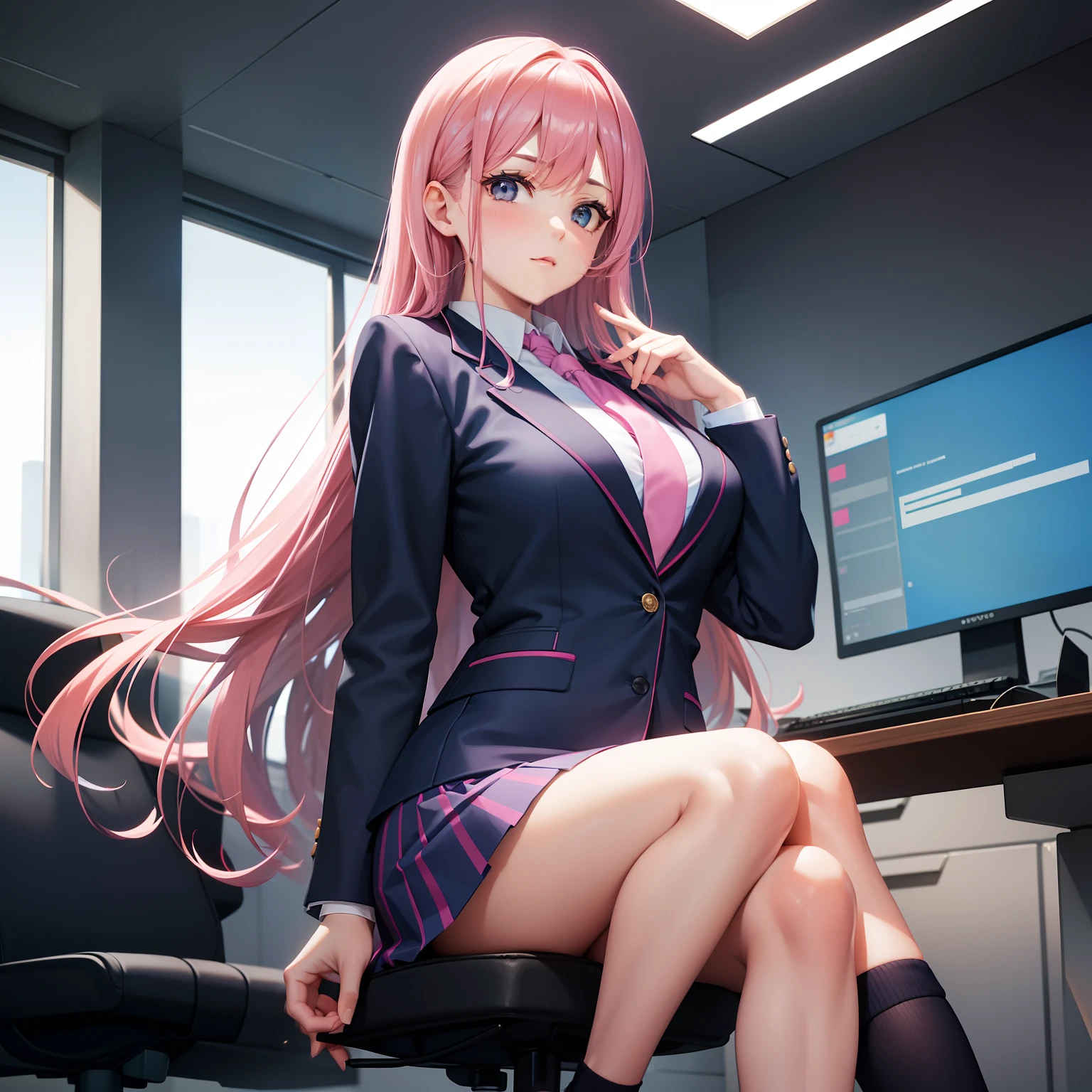 Office lady, dark blue blazer, pink super miniskirt, knee-high socks, long pink hair, solo, office, looking at viewer, front view,