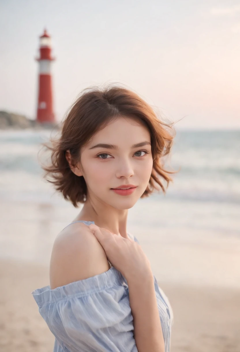 Coastal beauty, 1 girl, (short hair), school uniform, (bright eyes, thin face, white skin, carefree expression), beach background, lighthouse, soft sea breeze, playful pose, dynamic composition, blurred background, rich colors, fine details, 50mm lens, relaxed atmosphere. Portrait photography, 35mm film, natural blur beautiful and clear eyes, simple blurred background, extreme detail description, beautiful, charming, super fine painting, delicate face, delicate figure, slim figure, fine collarbone, cute lips, happy faint smile, slender legs, standing, (8k, RAW photo, best quality, masterpiece: 1.2), (realistic, photorealistic photo: 1.37)