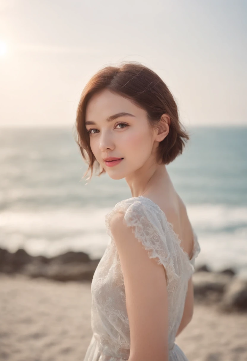 Coastal beauty, 1 girl, (short hair), school uniform, (bright eyes, thin face, white skin, carefree expression), beach background, lighthouse, soft sea breeze, playful pose, dynamic composition, blurred background, rich colors, fine details, 50mm lens, relaxed atmosphere. Portrait photography, 35mm film, natural blur beautiful and clear eyes, simple blurred background, extreme detail description, beautiful, charming, super fine painting, delicate face, delicate figure, slim figure, fine collarbone, cute lips, happy faint smile, slender legs, standing, (8k, RAW photo, best quality, masterpiece: 1.2), (realistic, photorealistic photo: 1.37)