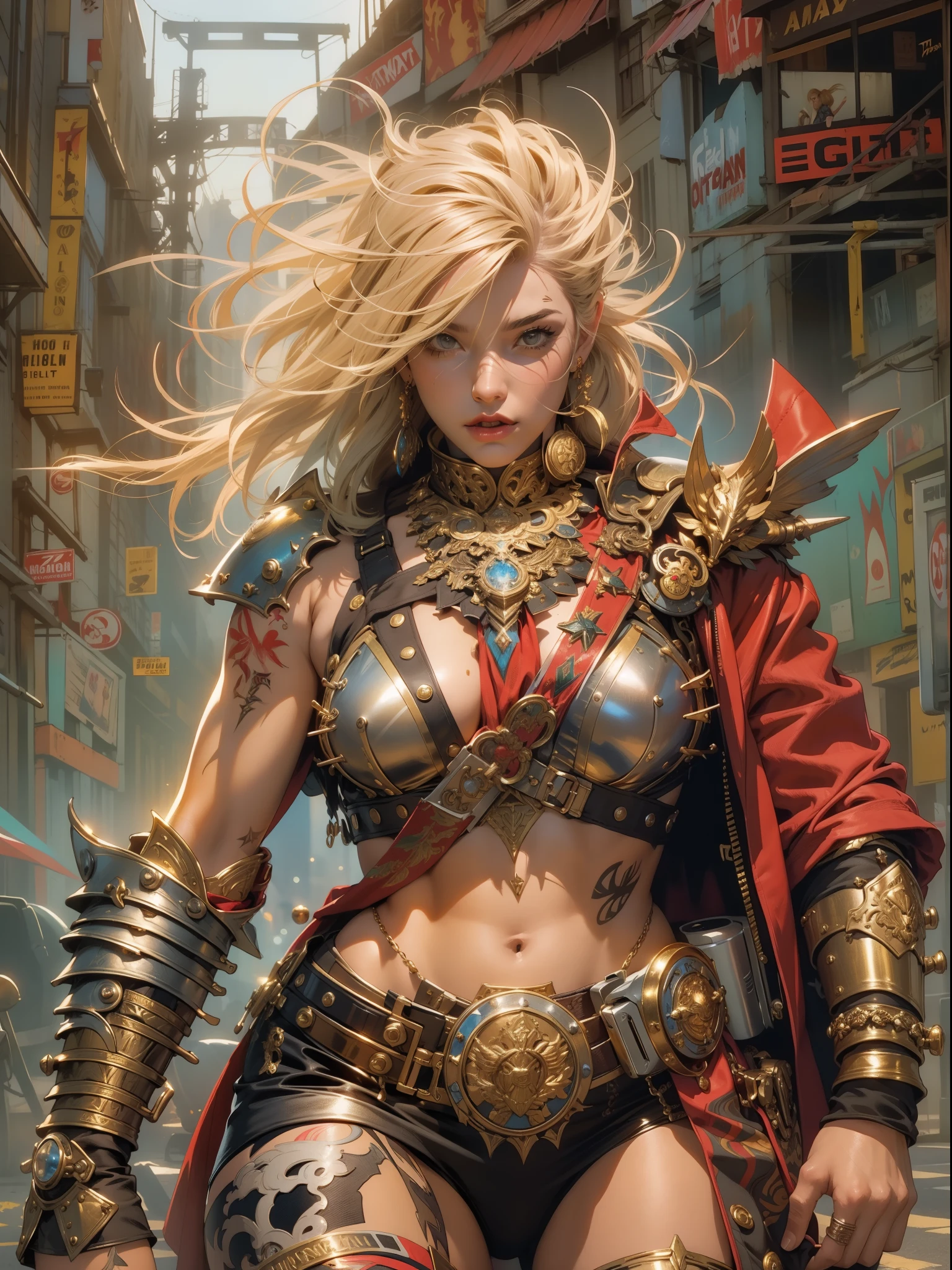 (((woman))), (((best qualityer))), (((tmasterpiece))), (((AS-Adult))), A 35-year-old female warrior with a perfect body, Brooklyn gladiolus, (( nedium breasts )), Simon Bisley, Almost naked（Simon Bisley）Urban savage style《heavy metal》MagazineCover, blond hairbl, Minimum clothing, em cor azul escuro，Lightning gold and red and gold patterns, armure, Full of tips and rivets, tribal tattoos, (((From the knee up))), (((whaite hair)))