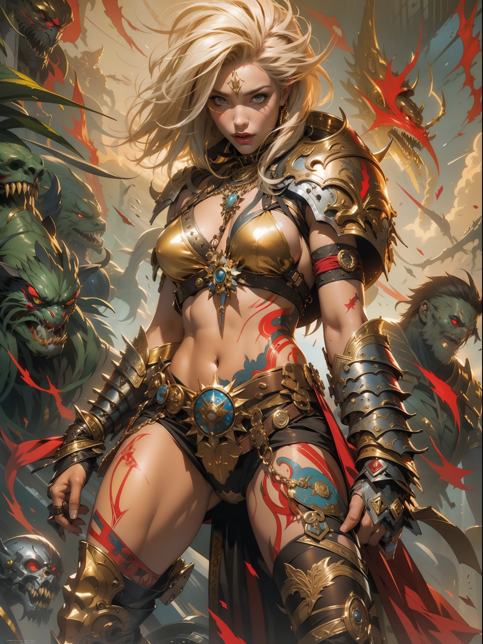 (((woman))), (((best qualityer))), (((tmasterpiece))), (((AS-Adult))), A 35-year-old female warrior with a perfect body, Brooklyn gladiolus, (( nedium breasts )), Simon Bisley, Almost naked（Simon Bisley）Urban savage style《heavy metal》MagazineCover, blond hairbl, Minimum clothing, em cor azul escuro，Lightning gold and red and gold patterns, armure, Full of tips and rivets, tribal tattoos, (((From the knee up))), (((whaite hair)))