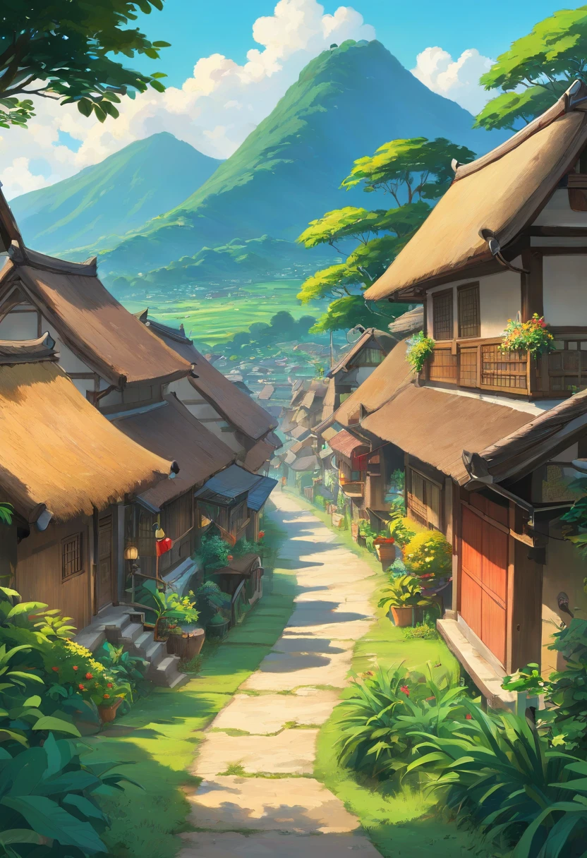 (best quality,4k,8k,highres,masterpiece:1.2),ultra-detailed,(realistic,photorealistic,photo-realistic:1.37),indonesian village,side view,blue sky,portraits,landscape,vivid colors,fine brushstrokes,subtle textures,soft sunlight,authentic cultural details,crowded market,traditional houses,thatched roofs,exotic plants,tropical atmosphere,local people wearing colorful clothes,authentic cultural activities,folk music and dance,casual yet lively atmosphere,mixture of traditional and modern elements,cultural diversity,serene and peaceful scenery,harmonious community life,vibrant local festivals,rich heritage and history,lush green paddy fields,towering volcanoes in the distance,tranquil river flowing through,picturesque countryside,humble dwellings,thatched roofs and wooden walls.