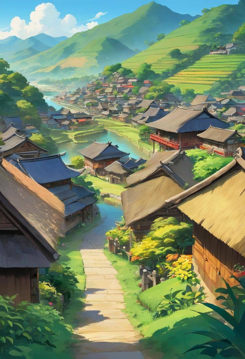 (best quality,4k,8k,highres,masterpiece:1.2),ultra-detailed,(realistic,photorealistic,photo-realistic:1.37),indonesian village,side view,blue sky,portraits,landscape,vivid colors,fine brushstrokes,subtle textures,soft sunlight,authentic cultural details,crowded market,traditional houses,thatched roofs,exotic plants,tropical atmosphere,local people wearing colorful clothes,authentic cultural activities,folk music and dance,casual yet lively atmosphere,mixture of traditional and modern elements,cultural diversity,serene and peaceful scenery,harmonious community life,vibrant local festivals,rich heritage and history,lush green paddy fields,towering volcanoes in the distance,tranquil river flowing through,picturesque countryside,humble dwellings,thatched roofs and wooden walls.