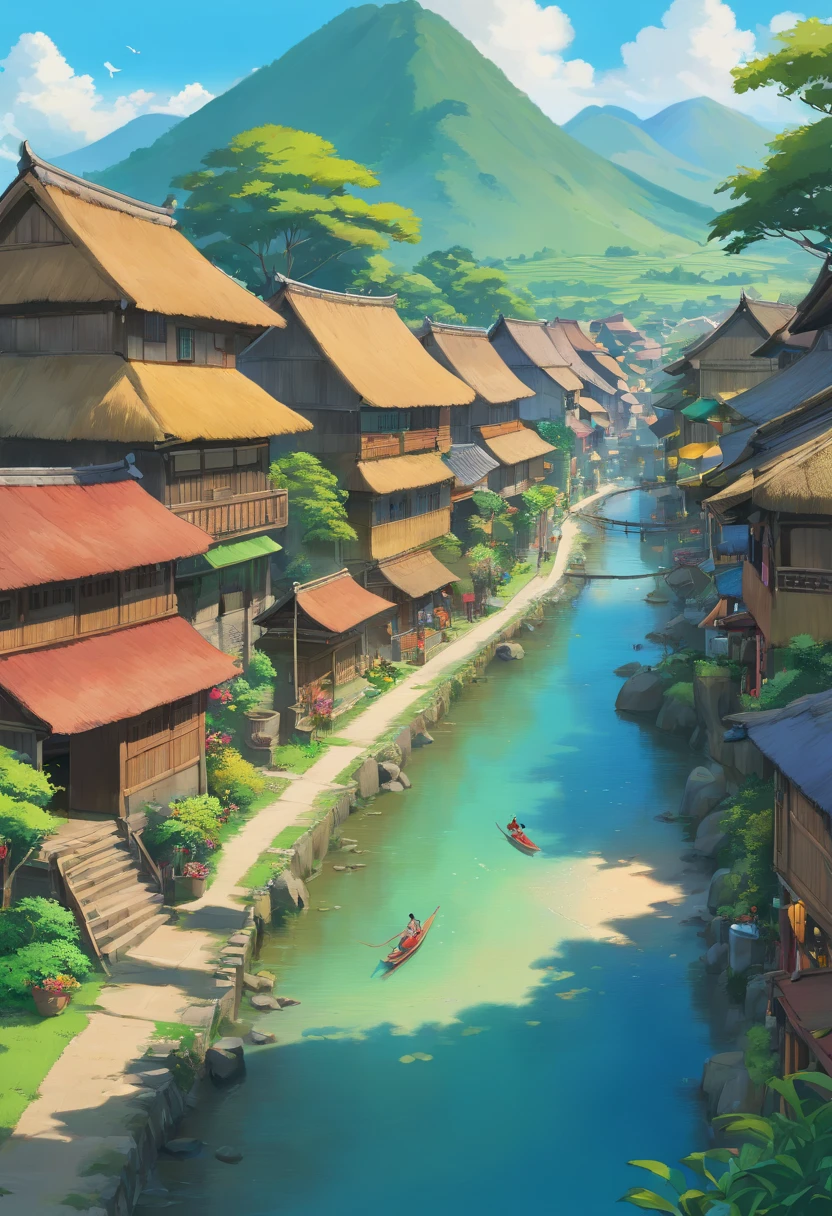 (best quality,4k,8k,highres,masterpiece:1.2),ultra-detailed,(realistic,photorealistic,photo-realistic:1.37),indonesian village,side view,blue sky,portraits,landscape,vivid colors,fine brushstrokes,subtle textures,soft sunlight,authentic cultural details,crowded market,traditional houses,thatched roofs,exotic plants,tropical atmosphere,local people wearing colorful clothes,authentic cultural activities,folk music and dance,casual yet lively atmosphere,mixture of traditional and modern elements,cultural diversity,serene and peaceful scenery,harmonious community life,vibrant local festivals,rich heritage and history,lush green paddy fields,towering volcanoes in the distance,tranquil river flowing through,picturesque countryside,humble dwellings,thatched roofs and wooden walls.