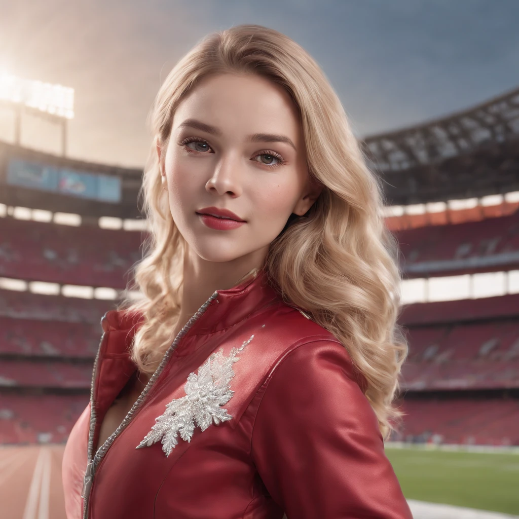 (professional 3d render:1.3) af (Realistic:1.3) most beautiful artwork photo in the world,Features soft and shiny female ice skater, ((1 girl, blonde hair, hazel eyes, long hair, curly hair, earrings, freckles, jewelry, lips, smiling, female ice skater, wearing a red jacket, parted lips)), full body 8k unity render, action shot, skin pore, day, stadium background, Detailed, Detailed face, (vibrant, photograph realistic, Realistic, Dramatic, Dark, Sharp focus, 8K), ((((Wear jacket)))), (Intricate:1.4), decadent, (Highly detailed:1.4), Digital painting, rendering by octane, art stations, concept-art, smooth, Sharp focus, illustration, Art germ, (loish:0.23), (Global illumination, Studio light, volumettic light), ((stadium background:1.3)),CGSesociety,art stations