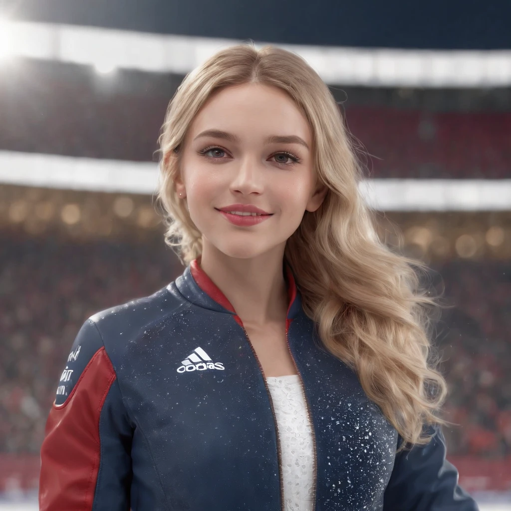 (professional 3d render:1.3) af (Realistic:1.3) most beautiful artwork photo in the world,Features soft and shiny female ice skater, ((1 girl, blonde hair, hazel eyes, long hair, curly hair, earrings, freckles, jewelry, lips, smiling, female ice skater, wearing a red jacket, parted lips)), full body 8k unity render, action shot, skin pore, day, stadium background, Detailed, Detailed face, (vibrant, photograph realistic, Realistic, Dramatic, Dark, Sharp focus, 8K), ((((Wear jacket)))), (Intricate:1.4), decadent, (Highly detailed:1.4), Digital painting, rendering by octane, art stations, concept-art, smooth, Sharp focus, illustration, Art germ, (loish:0.23), (Global illumination, Studio light, volumettic light), ((stadium background:1.3)),CGSesociety,art stations