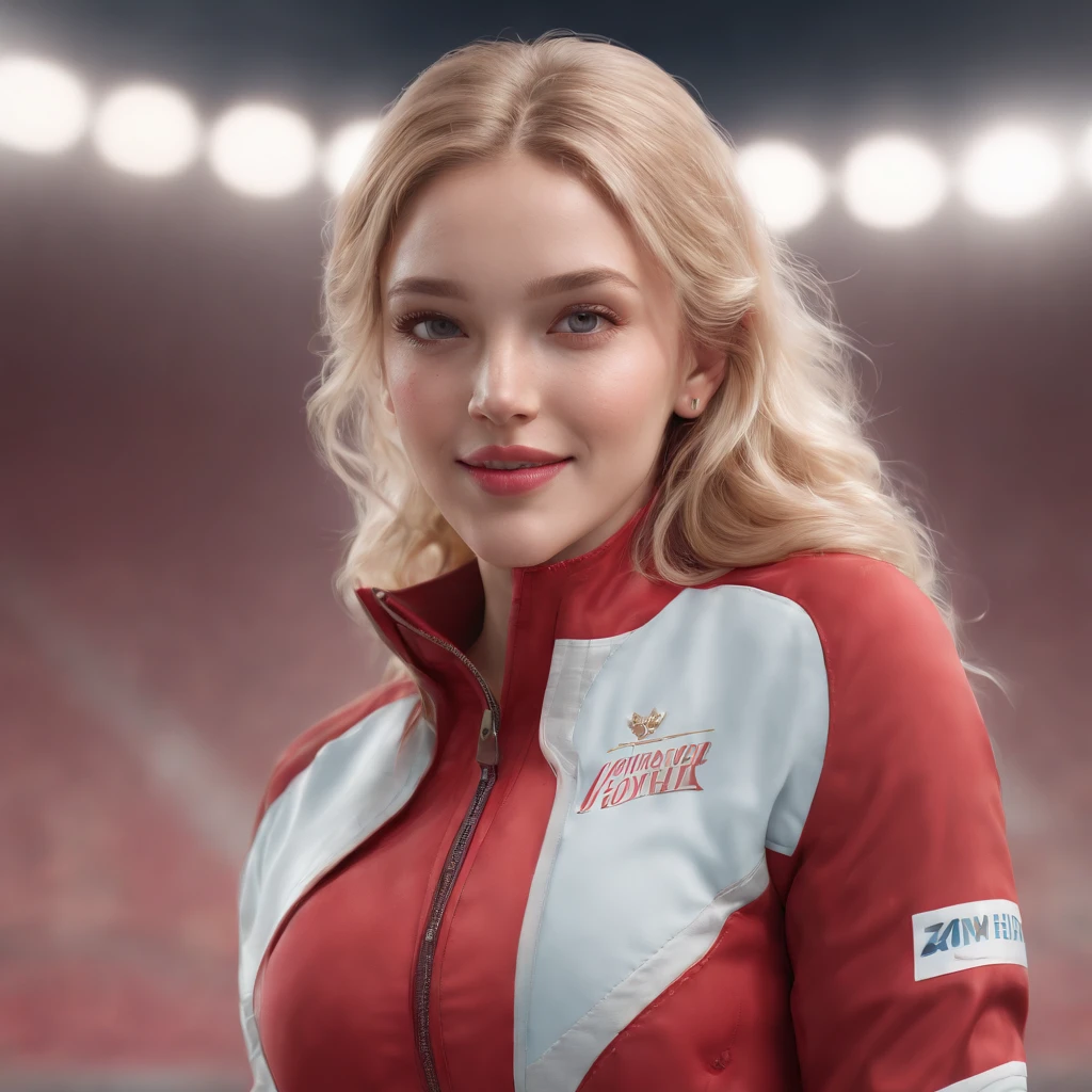 (professional 3d render:1.3) af (Realistic:1.3) most beautiful artwork photo in the world,Features soft and shiny female ice skater, ((1 girl, blonde hair, hazel eyes, long hair, curly hair, earrings, freckles, jewelry, lips, smiling, female ice skater, wearing a red jacket, parted lips)), full body 8k unity render, action shot, skin pore, day, stadium background, Detailed, Detailed face, (vibrant, photograph realistic, Realistic, Dramatic, Dark, Sharp focus, 8K), ((((Wear jacket)))), (Intricate:1.4), decadent, (Highly detailed:1.4), Digital painting, rendering by octane, art stations, concept-art, smooth, Sharp focus, illustration, Art germ, (loish:0.23), (Global illumination, Studio light, volumettic light), ((stadium background:1.3)),CGSesociety,art stations