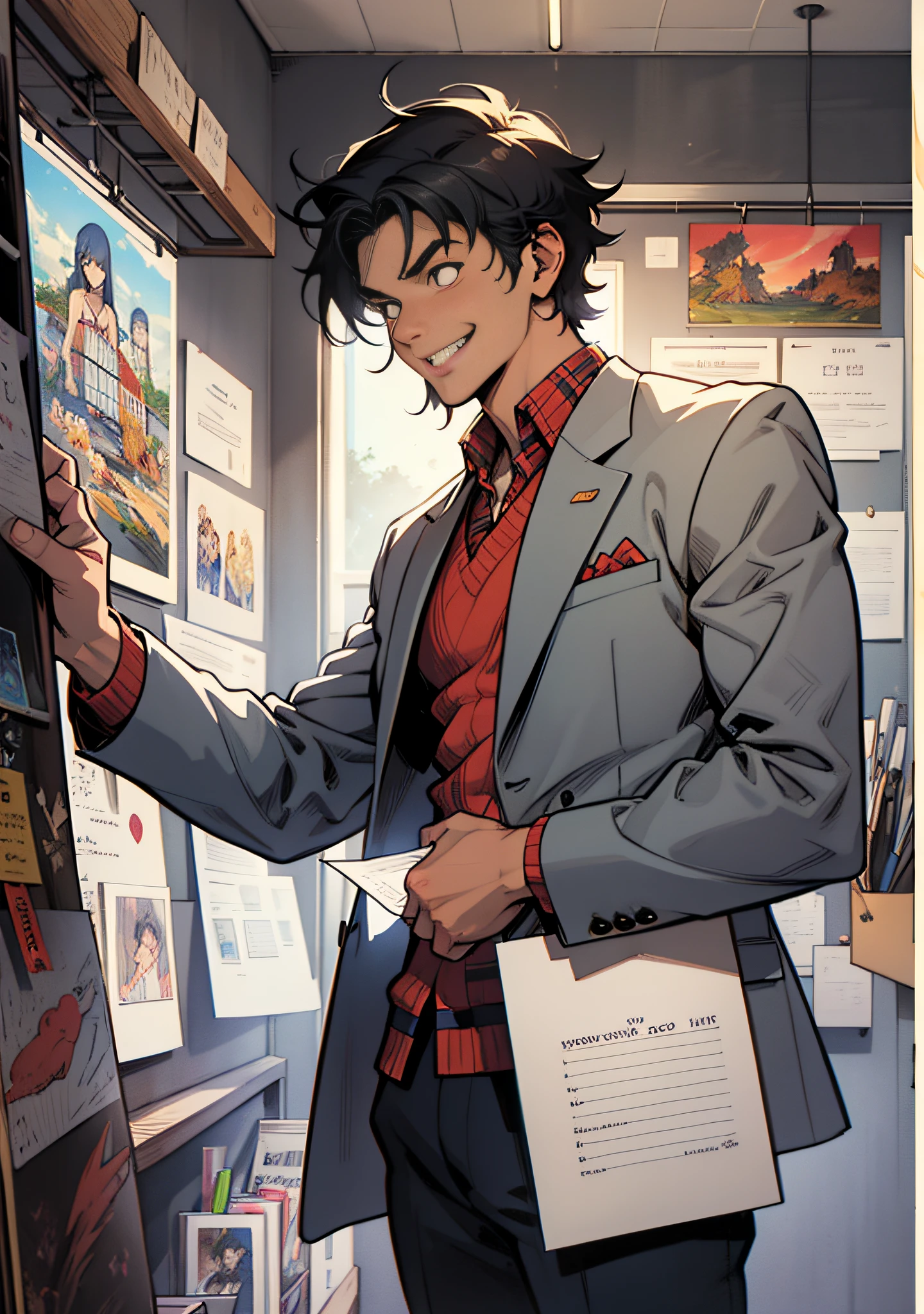 /draw [Retro anime art style:1.5], Old anime, 1980s \(Style\), 1990's \(Style\), aquarelle \(mediating\), 1 man,Holding a piece of paper and laughing maniacally, Stout man, Blazer，Short hair, Being in the room,Solo, 1 man, (ultra - detailed:1.5), [Detailed], ((Best quality)), ((Masterpiece)), (Soft light, Sharp:0.3), {illustration}, (illustration, hyper HD, illusory engine, Sharp focus,), By quality, Best quality, offcial art, ultra detailed texture, ultra detailed hands, (Curvy), {Comic cover style}, Cute face, (comic cover:0.3),(concept-art:0.8)