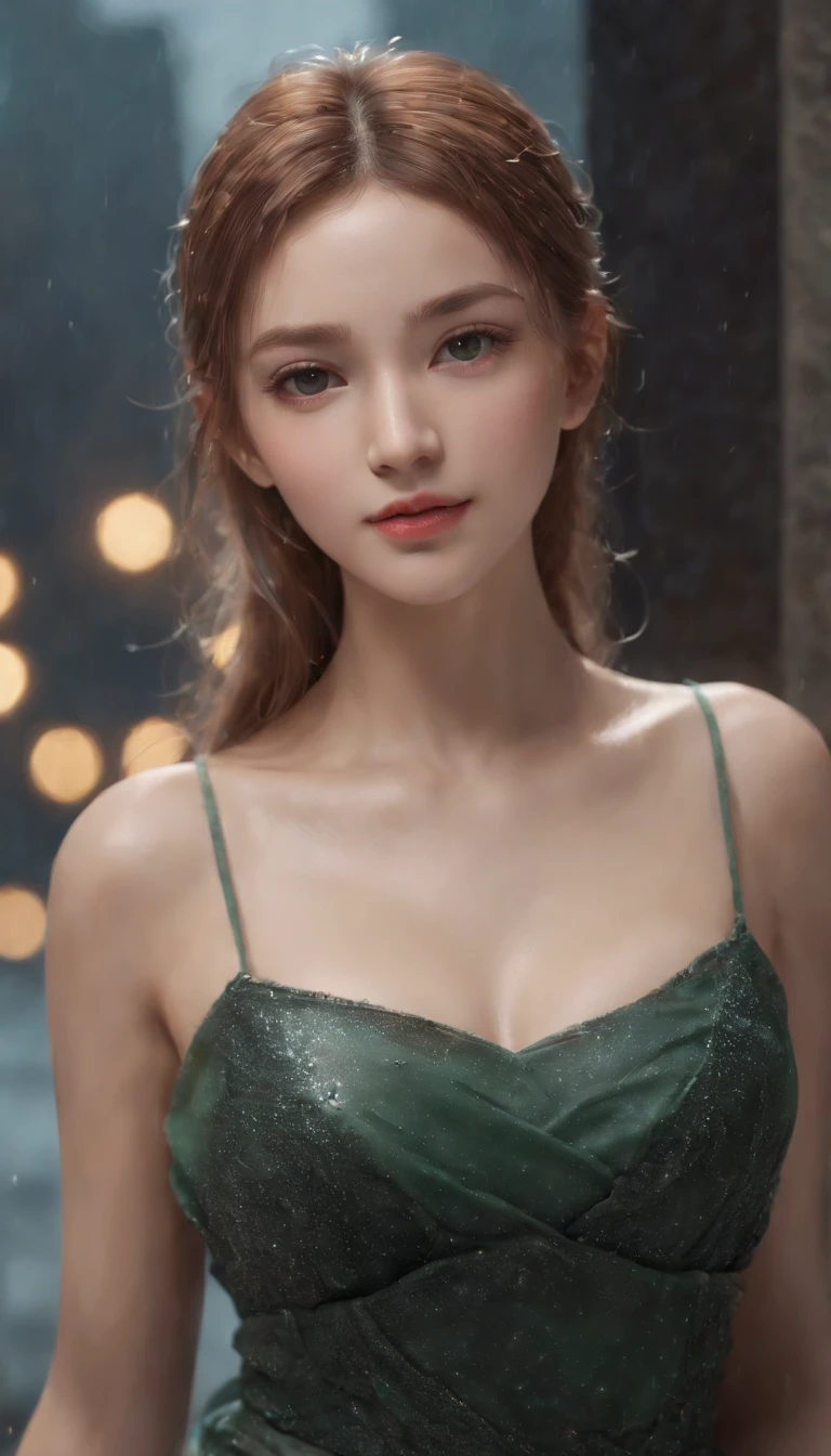 (Professional 3D Rendering:1.3) in the (Realistic:1.3) the most beautiful art in the world, Amazing place., Towering surroundings)), Full Body 8K Unity Display, Action shooter, Skin pores, The light is very dark., heavy shading, Detailed, Detailed face, (Vibrant, Photorealsitic, Realistic, Breathtaking, Dark, Crisp focus, 10), (high-detail:1.4), Digital Painting, Octane number, Art Station, Concept art, Smooth, Crisp focus, Illustration, Nose, (Roisch:0.23), (Global Illumination, studio lights, Volumetric Lights), Heavy rain, Particle Float, ((Dark ancient city background:1.3)),CG Sessa,Art Station Random gestures, (extremely delicate and beautiful work), (masutepiece), 1girl in, Girl in shiny transparent chest island dress, high-detail, leaky waist, ponytail contorted, A charming expression, Beautiful and clear eyes, green eye pupil, delicate necklaces, Delicate earrings, Simple blurred background, extreme detail description, Beautiful, Ultra-fine painting, Subtle delicate face, Subtle shapes, Fine., thin clavicle, Cute fine lips, High-quality beautiful breasts, soft behind, mix4,(10, Raw photo, top-quality, masutepiece:1.2), (Realistic, Photorealsitic:1.37),1girl in,kawaii,A city scape, during night, it is raining, Wet, Professional Lighting, photon maping, Radio City, Physically Based Rendering,(Beautiful little hard:1.3),(Saw the head of the dress.:1.8),(Glossy:1.2),(Transparent:1.9),Blonde hair.Full body, CG Sessa,Art Station