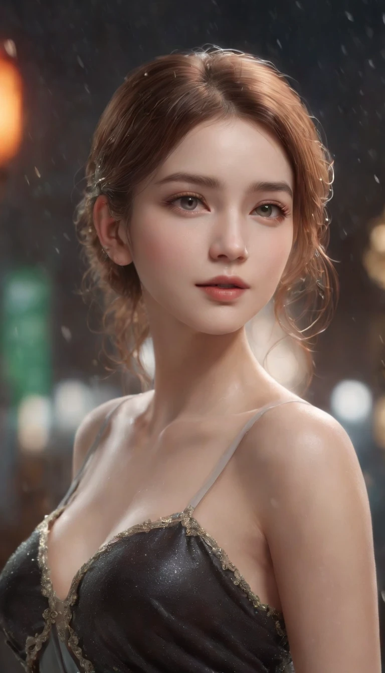 1girl, chesty, moon, lamp, nighttime, single, large boobs, Hair ornaments, wet, nude, Wade through the water., Hair flowers, floral, outdoor, sky, full big moon, rain, black hairr, off shoulders, mountain, clouds, holding, bare shoulder, Paper lanterns, stand, night sky, sideboob, obi,wet, smooth, trees, from the front, reflections, Short Hair Hair, Cloudy skies, Wet hair {{(master-piece), (Extreme Detail CG Unity 8K wallpaper),beste-Qualit,,single,1girl,cinematic light,Detailed background,eyes with beautiful details,bright pupils, (Extremely Delicate and Beautiful),(Beautiful and detailed eye description.),lifelike,smirk,
