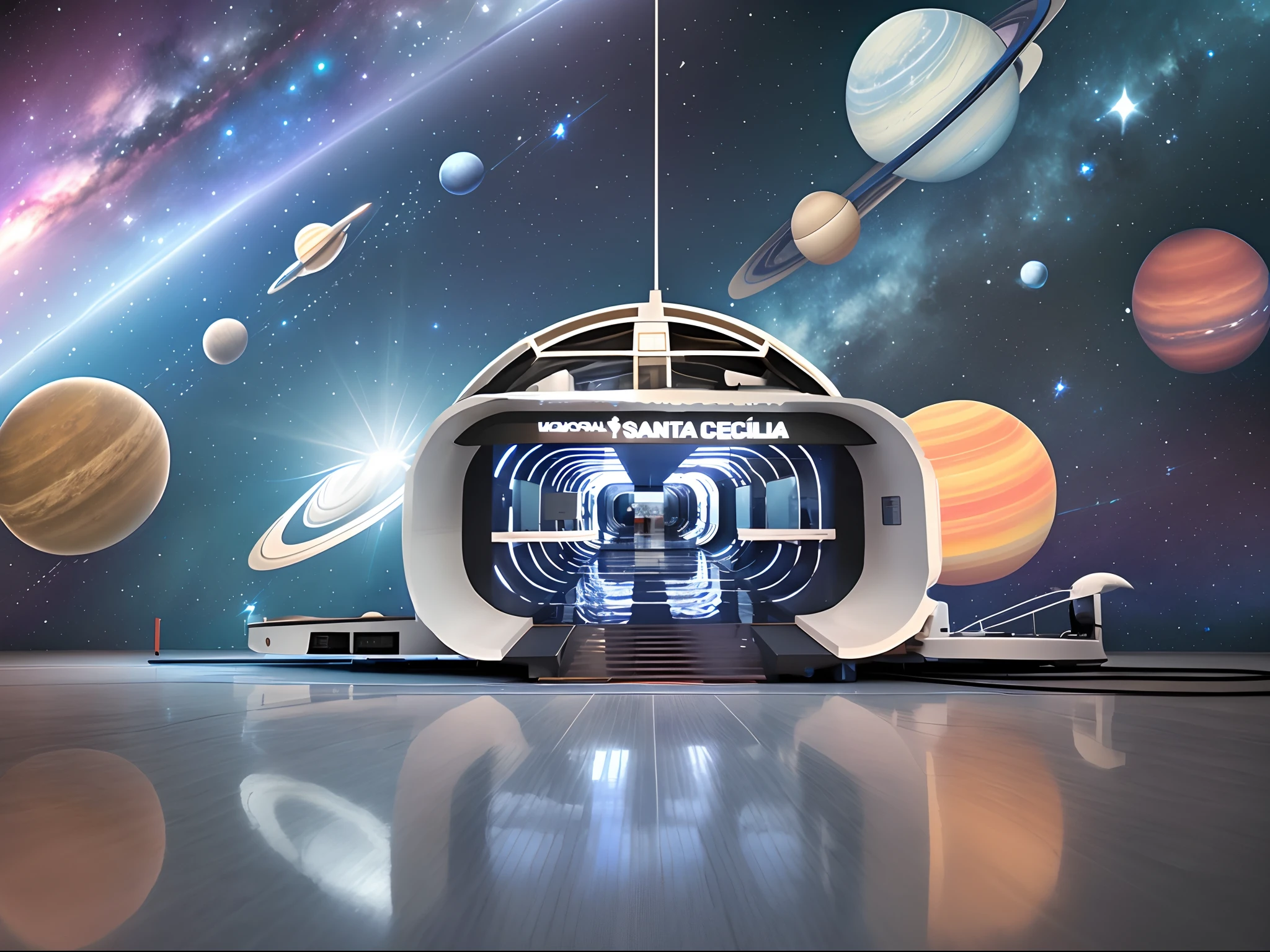 White floor with blue spaceship, com luzes