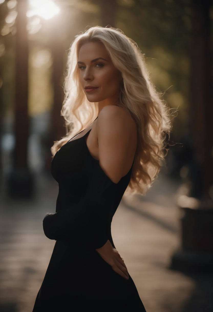 Blonde girl in a black dress with big boobs and big ass
