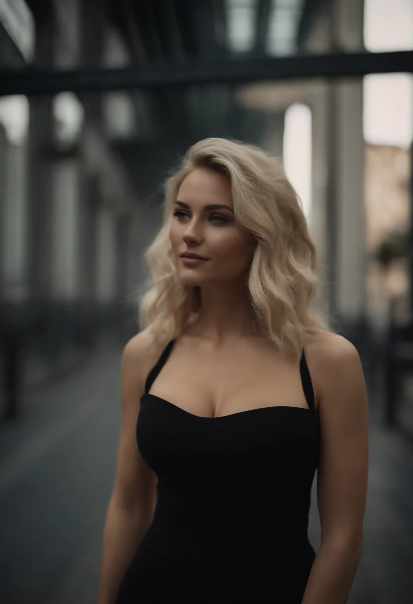 Blonde girl in a black dress with big boobs and big ass
