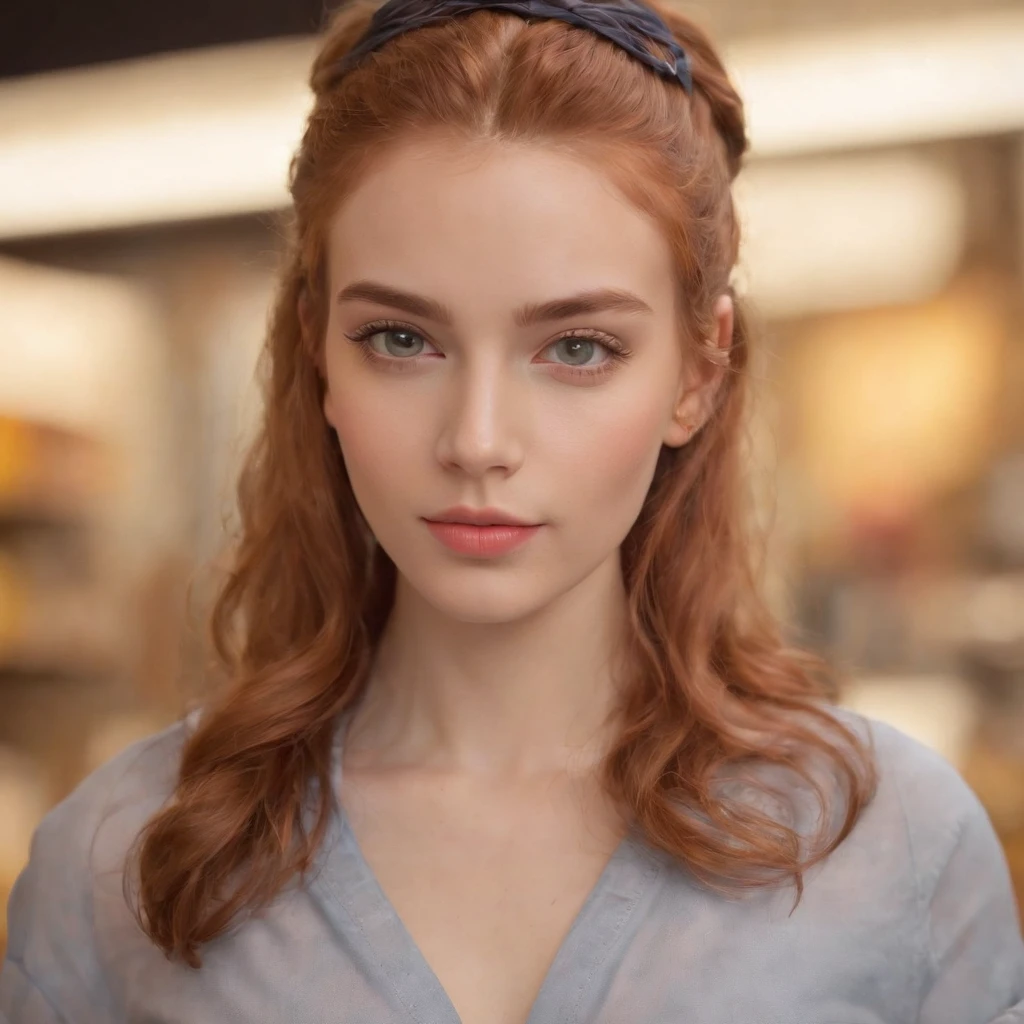 A 20 year old italian girl, ginger tied up hair, gray eyes, and a perfect face, rendered in a photorealistic style with sharp edges and a vibrant atmosphere, standing inside a toy store with a top tank shirt, front view, cute posing, big lips,