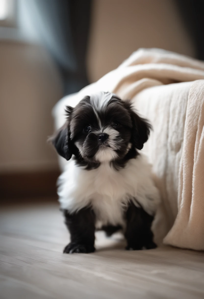 human style black shitzu puppy, getting out of bed with a towel in hand, walking on two legs, the room is simple walls with some cracks, the walls have a cream pastel tone, high resolution, 4k, image aspect ratio 16:9