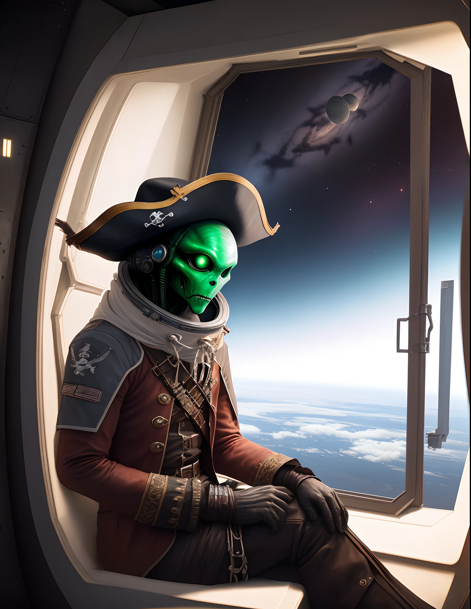 realistic photo of An alien wearing a pirate outfit and a pirate hat is sitting inside a spaceship in front of a window overlooking space photorealistic photorealism hyper realistic