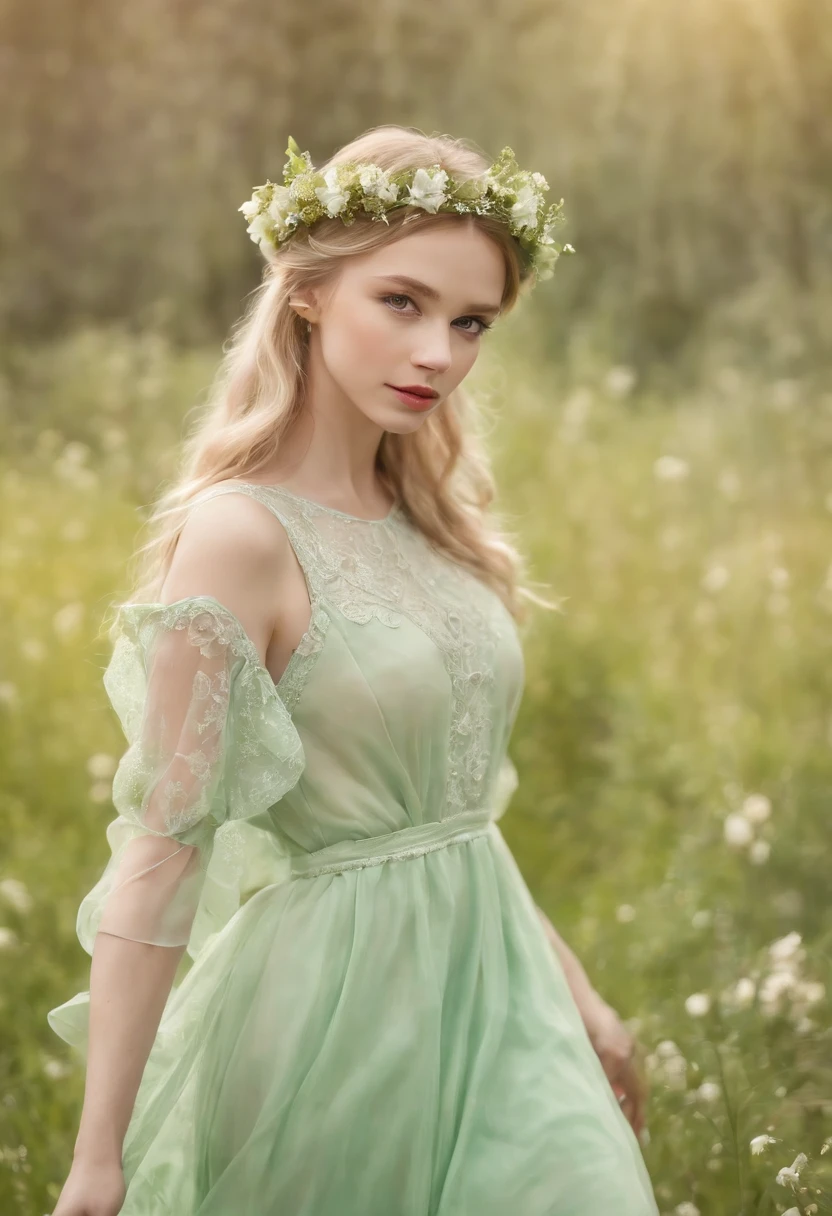 (Delicate watercolor style)The wonderland of elf princesses，Charming and colorful environment，Colorful flowers，Green grass，Soft sunlight shines on her slender figure，Dressed in a gorgeous dress，Complemented by brilliant gemstone jewelry，She floats gracefully in the air，The eyes reveal wisdom and innocence。