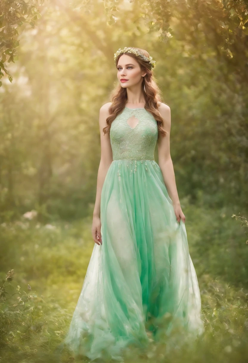 (Delicate watercolor style)The wonderland of elf princesses，Charming and colorful environment，Colorful flowers，Green grass，Soft sunlight shines on her slender figure，Dressed in a gorgeous dress，Complemented by brilliant gemstone jewelry，She floats gracefully in the air，The eyes reveal wisdom and innocence。